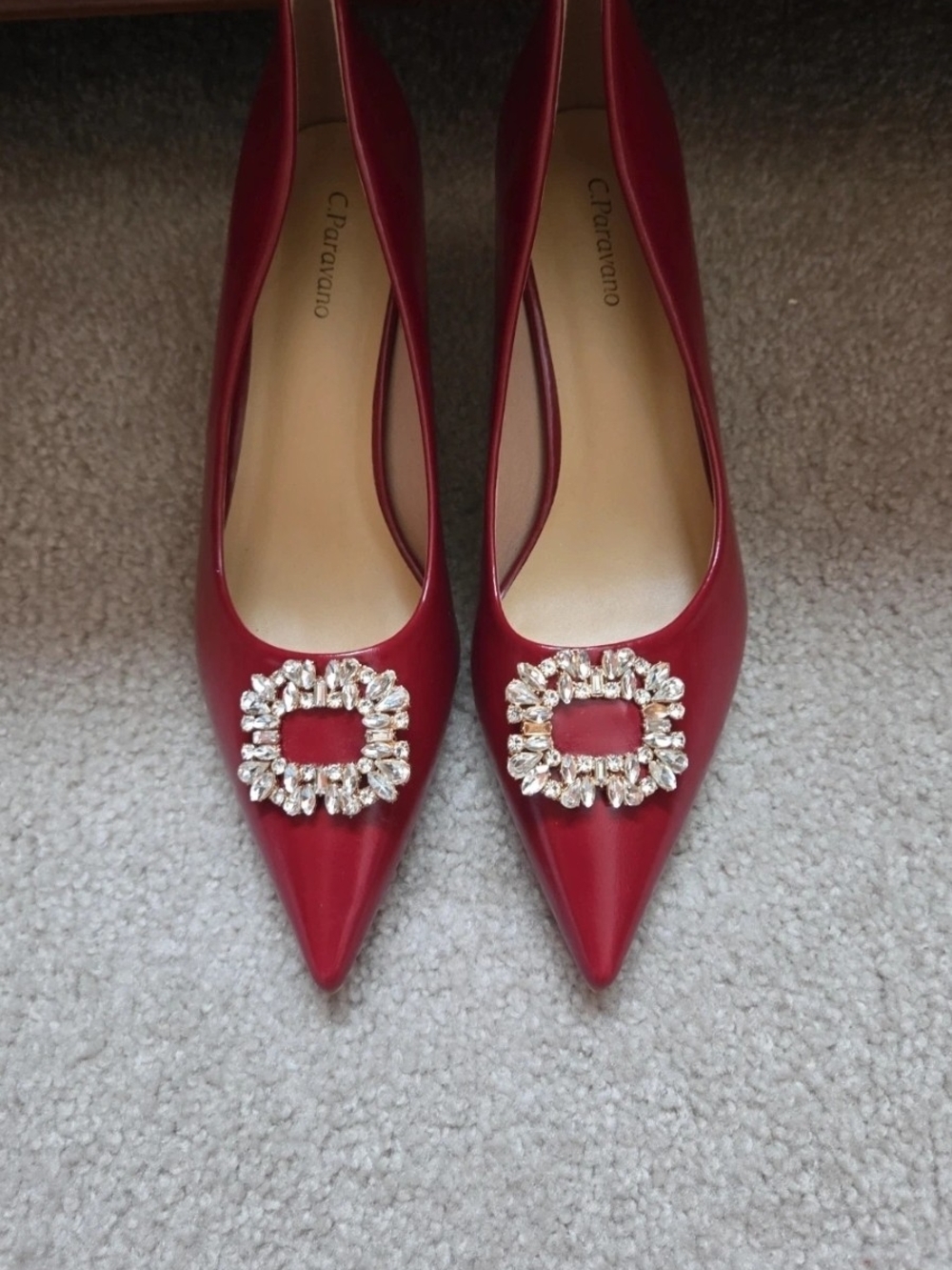 Caparros Red Pointed Toe Flats with Crystal Buckle